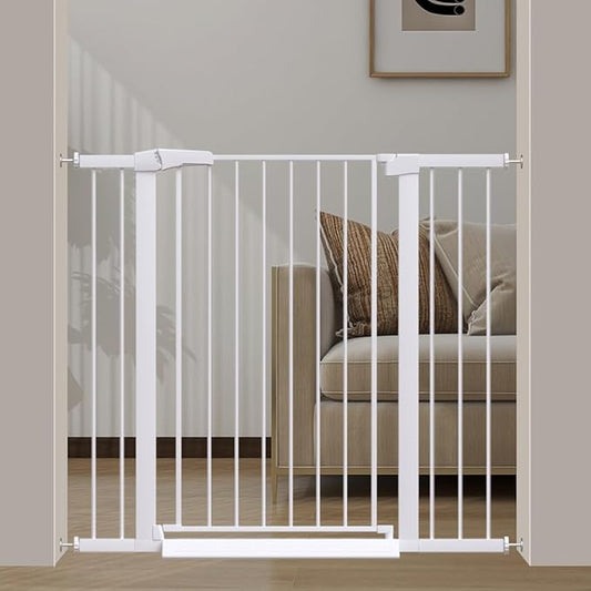 Fairy Baby 38" Extra Tall Dog Gates for Doorways, 43.3"-46.0" Extra Wide Baby Gate for Stairs, Metal Auto Close Safety Child Gate, Pressure Mounted Easy Walk Through Pet Gate Indoor with Door, White