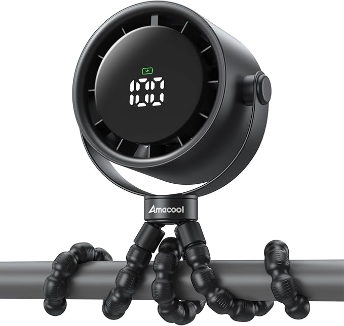 AMACOOL Baby Stroller Fan, Rechargeable Portable Clip on Fan, 17H Cooling with 5 Speeds, LED Display, 360°Rotate Personal Cooling Fans for Car Seat, Crib, Travel, Camping, Gifts for New Parents