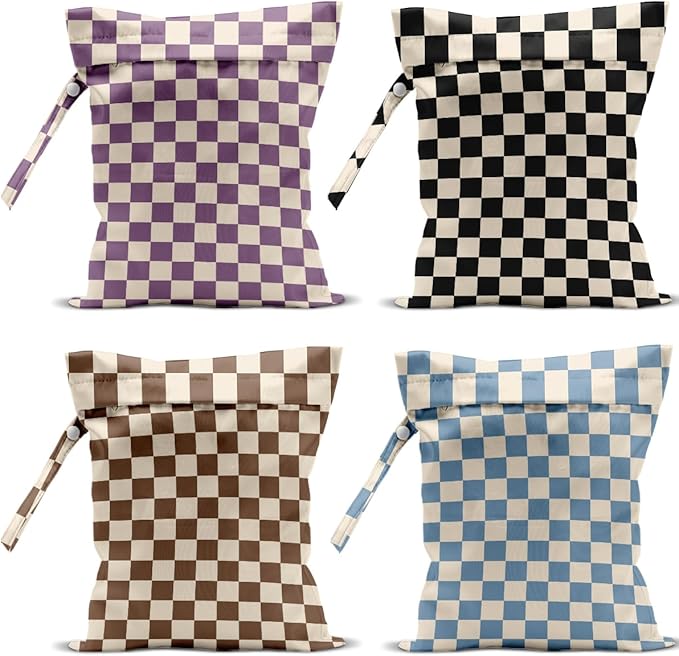 4 Pack Cute Wet Bag Waterproof Washable Reusable Wet Dry Bag for Swimsuit Clothes Cloth Diaper Travel Beach Pool Yoga Gym Party Camping Toiletries Travel Beach Essentials, Colorful Checkered