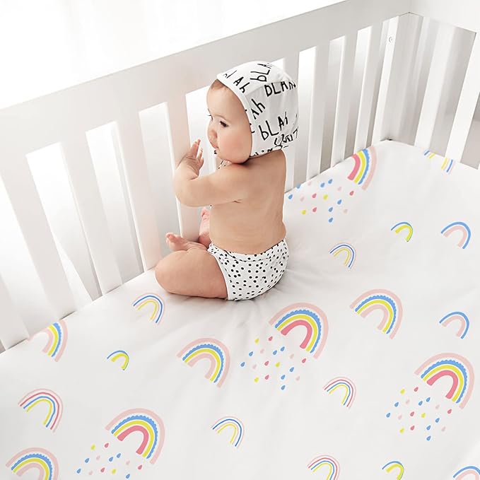 Plushii Crib Sheets for Baby Girls 3 Pack, 28"x 52" Extra Soft Microfiber Crib Sheet Set for Baby Crib Mattress Sheet & Toddler Mattress Pad, Rainbow & Elephant & Stars