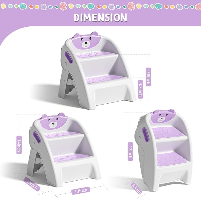 TPN Toddler Step Stool for Bathroom Sink and Potty Training Durable Anti-Slip,Anti-Tip A-Frame,10-Second Assembly, 2-Step Potty Stool with Wide Steps (Purple)