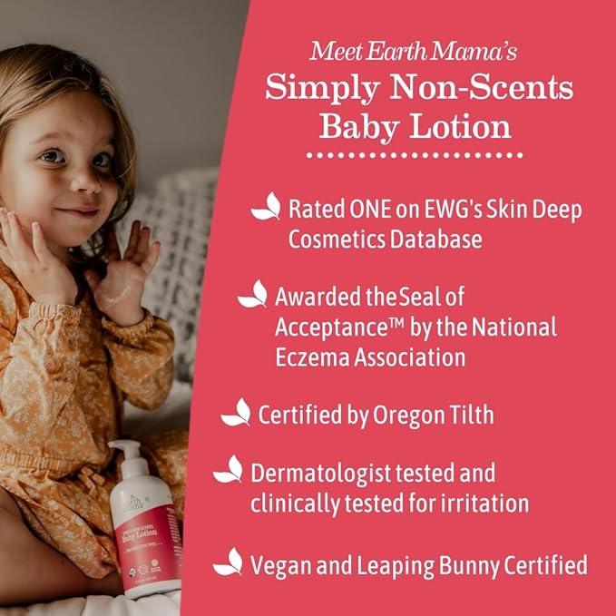 Earth Mama Simply Non-Scents Baby Lotion for Dry Skin, Calendula Cream, Skin Care for Kids, Organic Moisturizer, Unscented Lotion with Aloe, Rooibos, & Shea Butter, 8-Fl oz