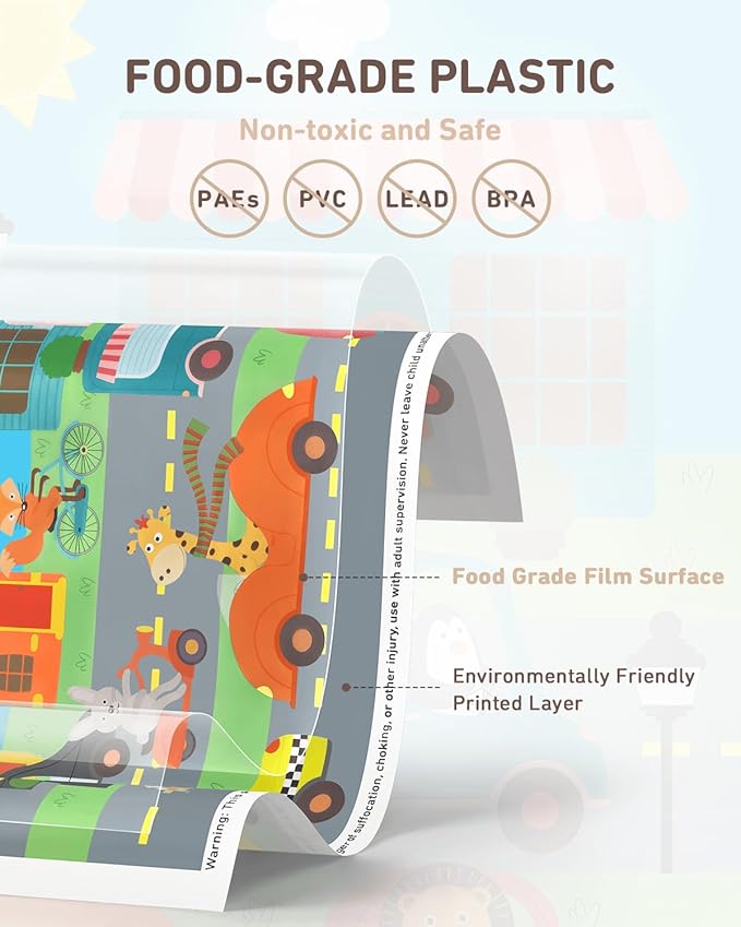 Disposable Stick-on Placemats 40 Pack for Baby & Kids, Toddler Placemats in Reusable Pouch 12" x 18" (Multicolor Animals Driving Cars)