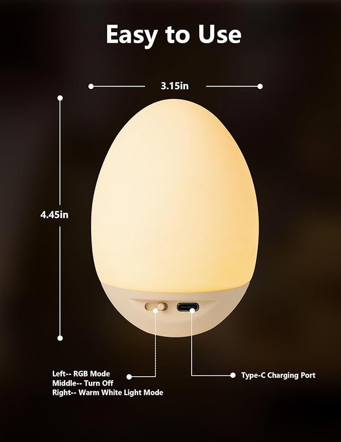 Egg Night Light for Nursery: Baby Night Lights Tap Lamp Stepless Dimming with Warm White and 7 RGB Colors Rechargeable Portable for Infant and Kids Bedroom Breastfeeding Sleep Aid