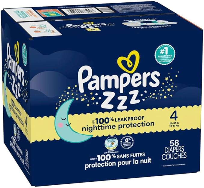 Pampers ZZZ Overnight Diapers, Size 4 (22-37 lbs), 58 Count, Nighttime Protection Disposable Baby Diaper, Night Time Leak and Skin Protection