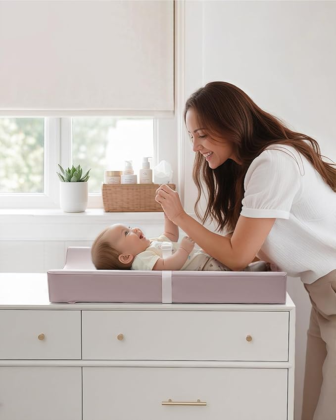 Blissful Diary Vegan Leather Baby Changing Pad with Waterproof & Wipe-Clean PU Cover, Standard Size Cozy Diaper Changing Pad for Dresser and Table, Taupe