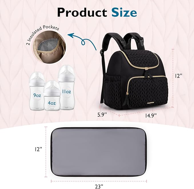 mommore Diaper Bag Small Diaper Backpack Stylish Baby Travel Backpacks with Insulated Pockets, Changing Pad, Stroller Straps