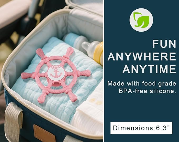 Bathtub Suction Spinner Toys - Silicone Bath & Highchair Sensory Toys for Babies & Toddlers, Novelty Spinning Top with Suction Cup, Car Window Travel Toys (Ship Steering Wheel Toy - Pink)