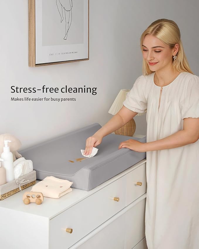 Blissful Diary Vegan Leather Baby Changing Pad with Waterproof & Wipe-Clean PU Cover, Standard Size Cozy Diaper Changing Pad for Dresser and Table, Light Gray