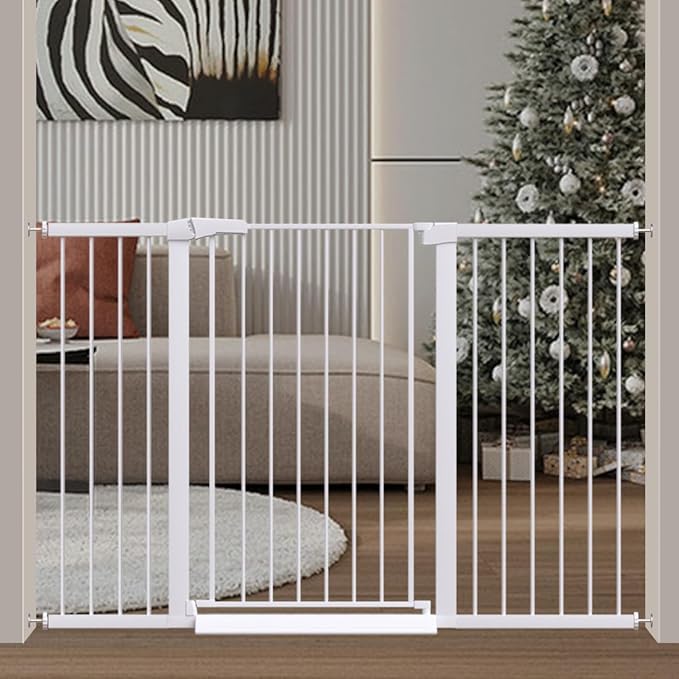 Fairy Baby Extra Tall Baby Gate Stand 38" Tall, 57.1"-59.8" Extra Wide Long Pet Gate Indoor, Metal Auto Close Safety Child Gate, Pressure Mounted Dog Gate for Stairs Doorways, White
