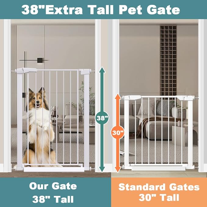 Fairy Baby 38" Extra Tall Baby Gate for Stairs, 76.4"-81.8" Extra Wide Large Pet Gate for Doorways, Metal Pressure Mounted Auto Close Safety Child Dog Gate Indoor for Toddler Kids or Pets, White