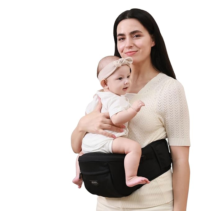 Sunveno Hip Baby Carrier with Seat,Ergonomic Baby Hip Carrier, Front-Facing Baby Holder, Anti-Slip Seat Surface, Wide and Adjustable Waistband, Multiple Pockets, Newborn to Toddler up to 45lbs, Black