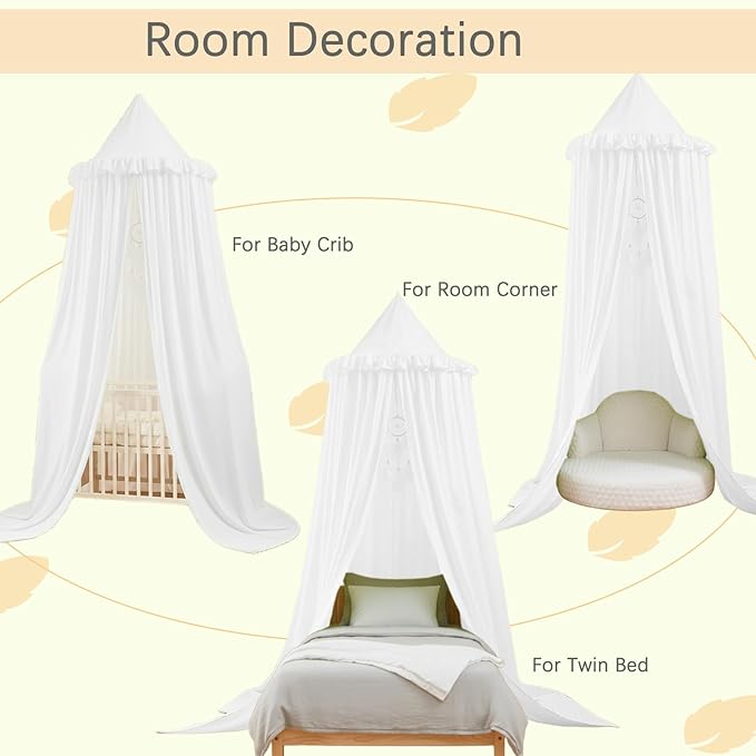 Akiky Kids Bed Canopy for Crib & Twin Size with Ruffles Dreamcatcher, Boys Princess Girls Nursery Room Decor Toddler Baby Dome Round Hanging Tent Curtains Skirt Over Bed Reading Nook Play Tents White