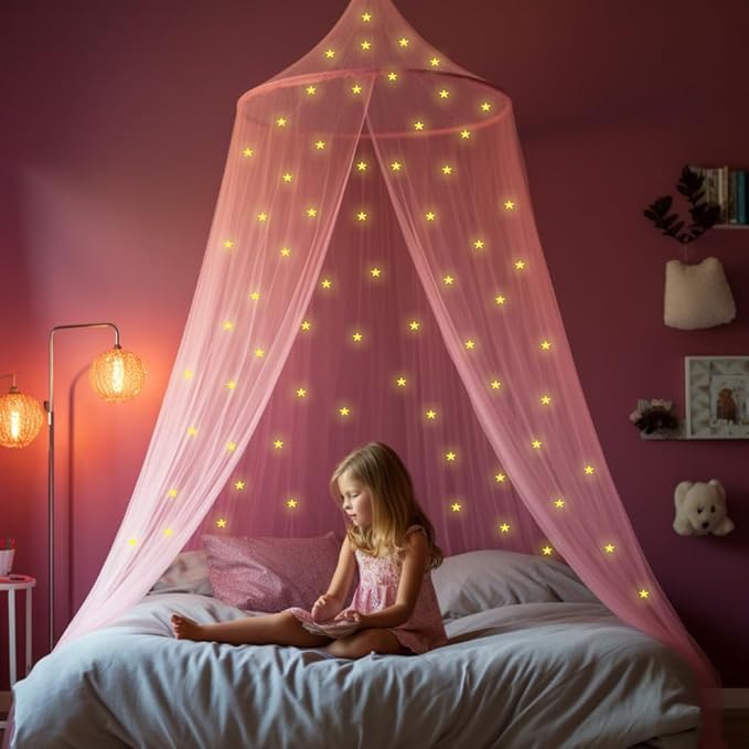 Pink Canopy for Girls Bed with Pre-Glued Glow in The Dark Stars - Princess Mosquito Net Room Decor - Kids & Baby Bedroom Tent with Galaxy Lights - 1 Opening Canopy Bed & Hanging Kit Included