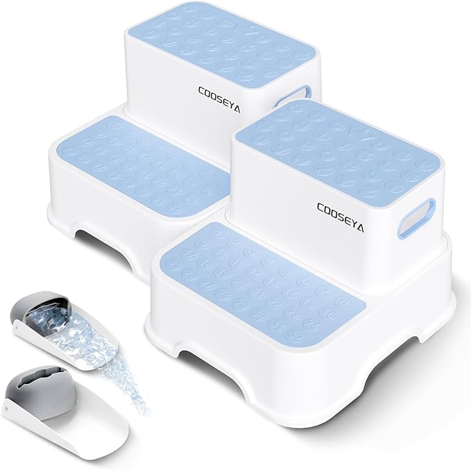 COOSEYA 2 Step Stools for Kids,Toddler Step Stool for Bathroom Sink,No-Slip Double up Stepping for Toddlers Bathroom, Multifunctional Toilet Potty Stool for Kids,Toilet Potty Training(2 Packs)（Blue）