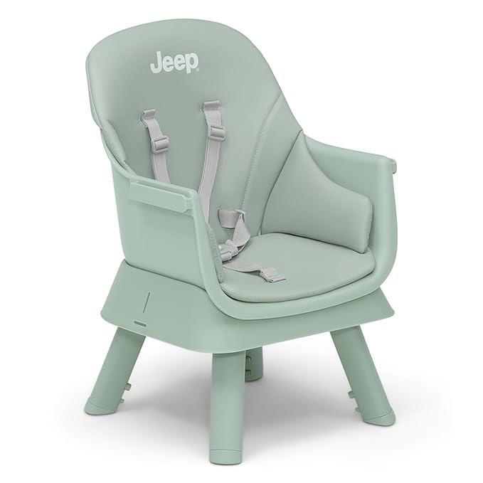 Jeep Milestone 6-in-1 High Chair by Delta Children - High Chair Converts to Stool, Booster Seat, Toddler Chair, Activity Table and Desk and Chair, Sage Green