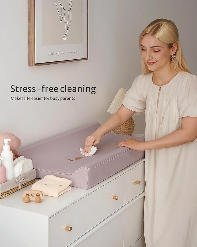 Blissful Diary Vegan Leather Baby Changing Pad with Waterproof & Wipe-Clean PU Cover, Standard Size Cozy Diaper Changing Pad for Dresser and Table, Taupe