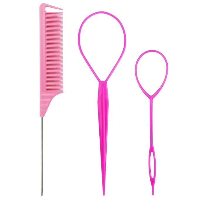 Dolahair Hair Wax Stick & Accessories - Flyaway Control for Kids & Women, 50 Pcs Colorful Elastic Hair Bands, 1 Pcs Slick Back Hair Brush, 2 Hair Loop Styling Tools (Pink)