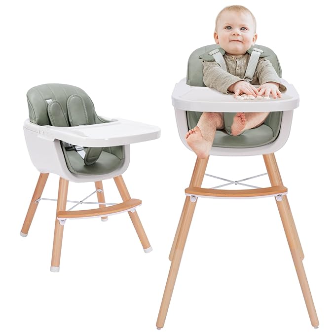 Mallify 3-in-1 Convertible Wooden High Chair, High Chairs for Babies and Toddlers, Baby High Chair with Adjustable Legs & Dishwasher Safe Tray, Made of Sleek Hardwood & Premium Leatherette, Green