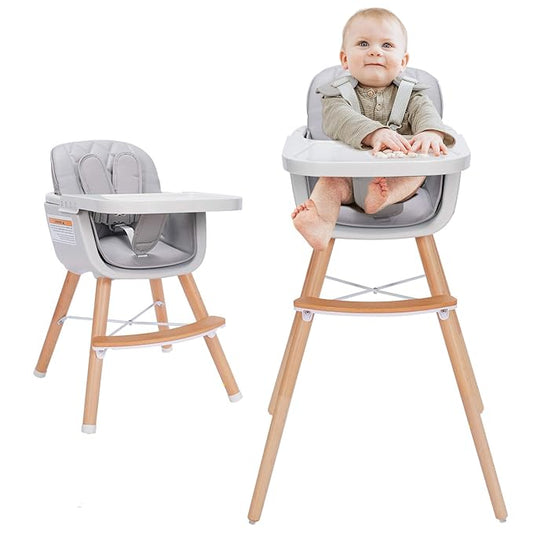 Mallify 3-in-1 Convertible Wooden High Chair, High Chairs for Babies and Toddlers, Baby High Chair with Adjustable Legs & Dishwasher Safe Tray, Made of Sleek Hardwood & Premium Leatherette, Gray