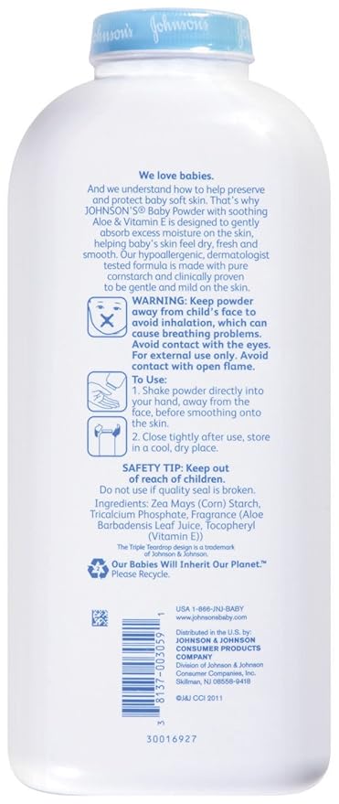 Johnson's Baby Powder with Naturally Derived Cornstarch, Aloe & Vitamin E for Delicate Skin, Hypoallergenic, Free of Parabens, Phthalates & Dyes for Gentle Baby Skin Care, 22 oz, 3 Pack
