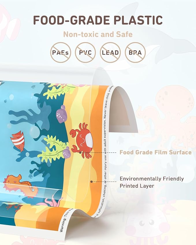 Disposable Stick-on Placemats 40 Pack for Baby & Kids, Toddler Placemats in Reusable Pouch 12" x 18" (Blue Ocean Life)