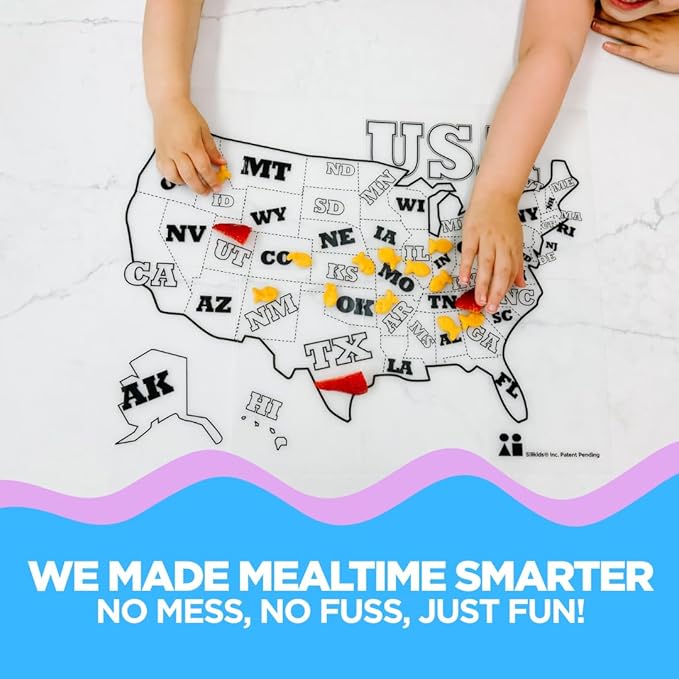 Reusable Silicone Toddler Placemat for Dining Table and Travel, a Foldable, Non-Slip Kids Learning Mat with USA Map, Easy to Clean BPA Free Feeding Essential by a Mom Founded Brand
