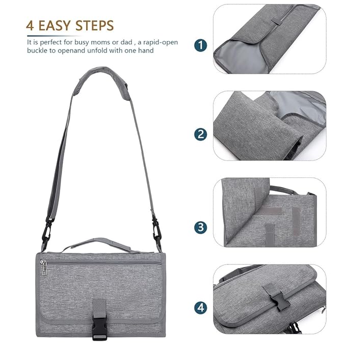 Portable Diaper Changing Station, Expandable Baby Diaper Bag, Compact Diaper Changing Travel Bag with Wet Wipe Pocket, Waterproof Baby Travel Station Set with 2 Bibs (Gray)