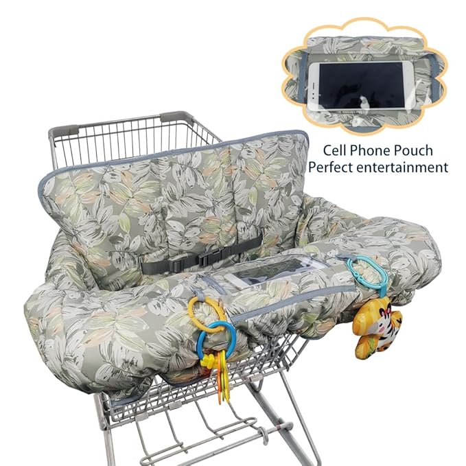 Shopping Cart Cover for Baby boy Girl, Multi-in-1 Cart Covers for Babies, Soft Padded Infant High Chair Cover, Machine Washable, Grocery cart seat Cushion Cover Grey Leaves