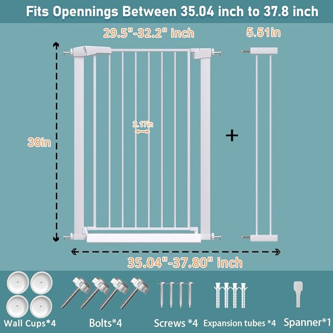 Fairy Baby 38" Extra Tall Baby Gate, 35.0"-37.80" Extra Wide Dog Pet Gate Indoor, Metal Pressure Mounted Walk Thru Swing Safety Child Gate, Puppy Cat Gate for House and Doorways, White