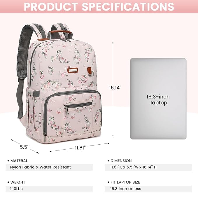 Diaper Bag Backpack, Large Baby Nappy Bags with Portable Changing Pad for Boys and GirlsMultifunction Travel Baby Bag for Moms Dads, Shower Gifts Waterproof and Stylish，Flower Pink