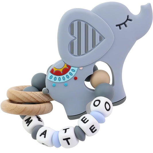 Personalized Baby Teether Rattle with Name – Custom Wooden Teething Toy for Boys & Girls – Handmade Elephant Keepsake Baby Shower Gift (Grey)