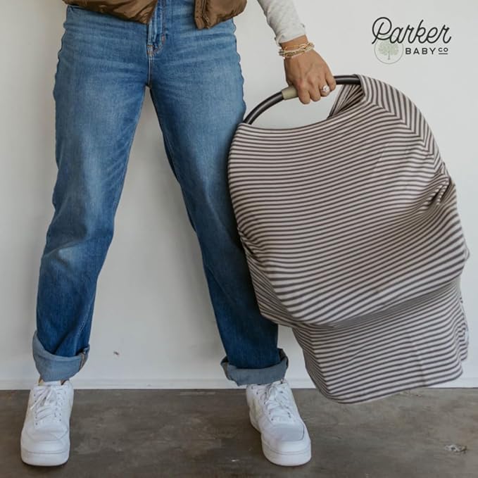 Parker Baby 4 in 1 Car Seat Cover for Girls and Boys - Stretchy Carseat Canopy, Nursing Cover, Grocery Cart Cover, High Chair Cover - “Pewter/Snow Stripes”