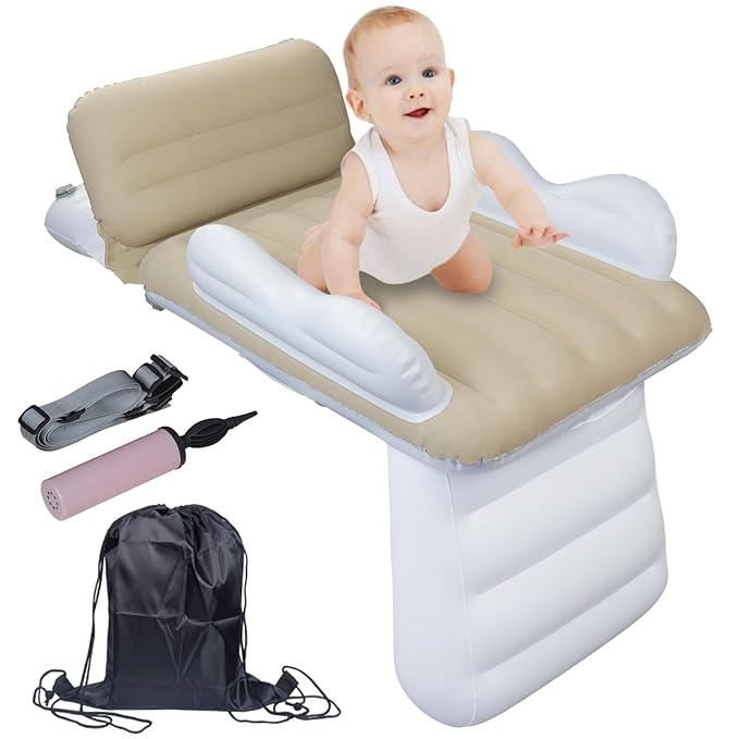 Inflatable-Toddler-Travel-Bed for Airplane Car Seat Portable Foldable Infant Travel Bed Baby Travel Crib with Sides,Hand Pump Safety Belt and Carry Bag Sets (Beige)