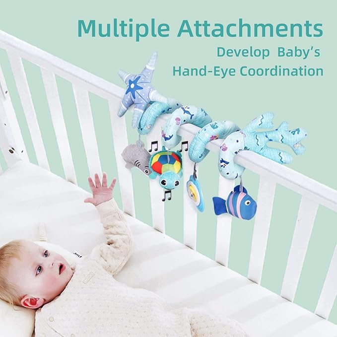 Deluxe 5-Piece Spiral Plush Toy Set - Cute Hanging Baby Rattle Animals including Shark Ideal Stroller, Crib Mobile, & Car Seat Toys for Babies 0-6 months up to 1 Year Coral Blue