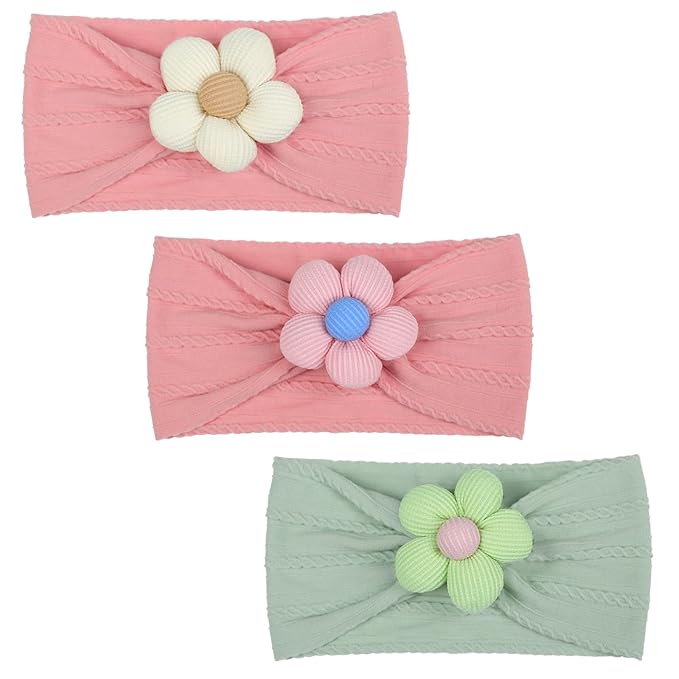 3 Pcs Baby Flower Headbands Baby Girls Nylon Headbands Soft Hairbands Hair Accessories for Newborn Infant Toddler Kids (Rose Pink‌ Green)