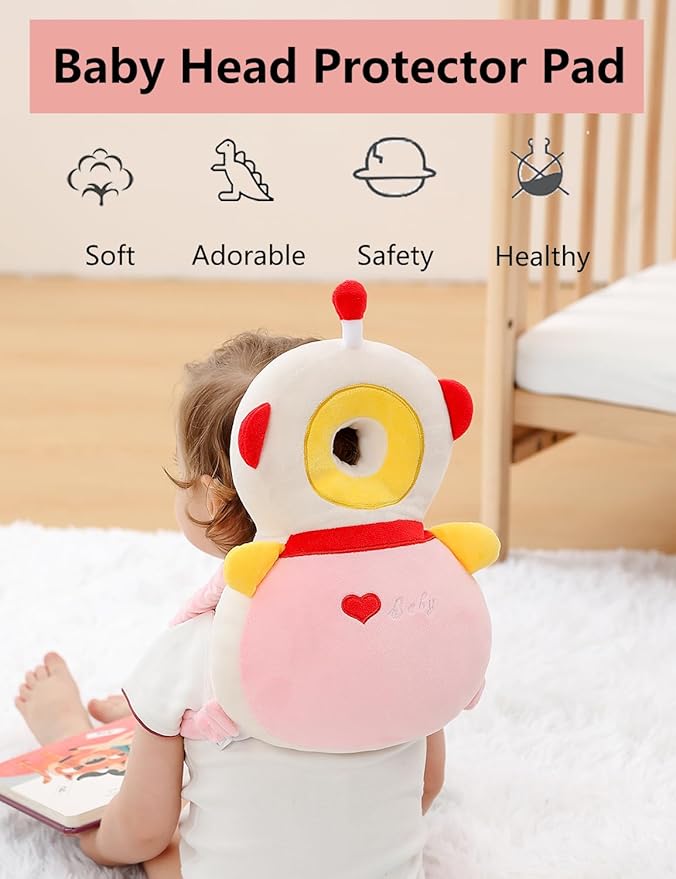 JunNeng Baby Head Protector Backpack, Toddler Walking Fall Head Protection, Robot Pink