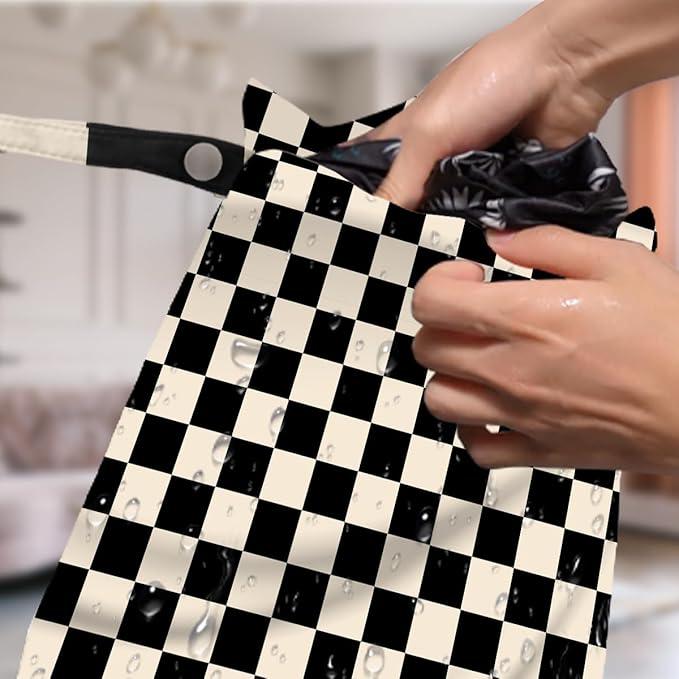4 Pack Cute Wet Bag Waterproof Washable Reusable Wet Dry Bag for Swimsuit Clothes Cloth Diaper Travel Beach Pool Yoga Gym Halloween Party Camping Toiletries Travel Beach Essentials, Black Checkered
