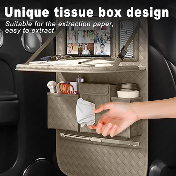 Car Seat Organizers,Multi-functional Back Seat Protectors, Storage Pouches, and Tray Holders (for Cars, Kids, Seat Back and Rear Seats) (Woven Beige, 1 Pcs)