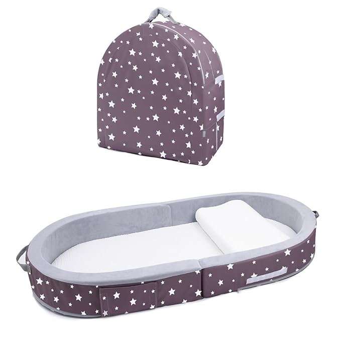 Mooedcoe Portable Foldable Toddler Travel Bed with Sides, Folding Toddler Bed for Travel Kid Foam Sleeping Cot for Children 18M – 5yr Old (Round, Star)