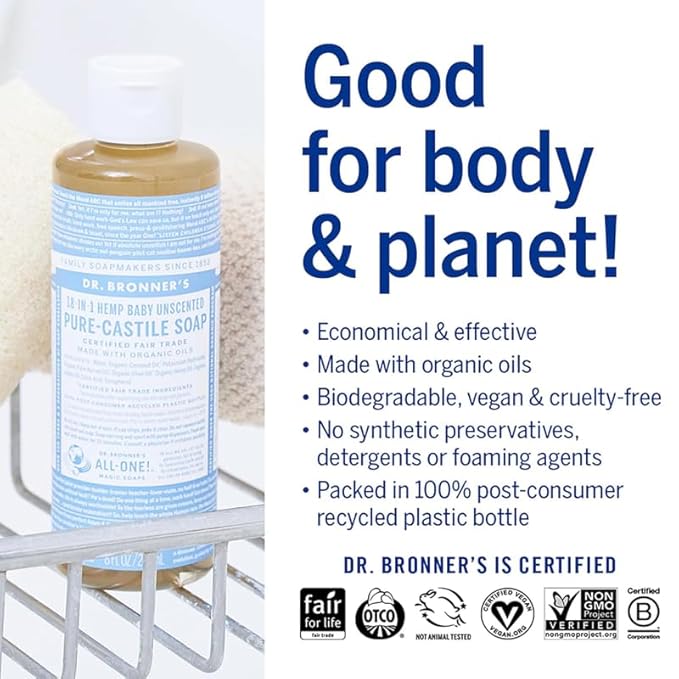 Dr. Bronner's Pure-Castile Magic Liquid Soap (Baby Unscented, 8 Ounce)- Made with Regenerative Organic Certified Oils, For Face, Body Wash, Baby Soap, Sensitive Skin, No Added Fragrance, Vegan