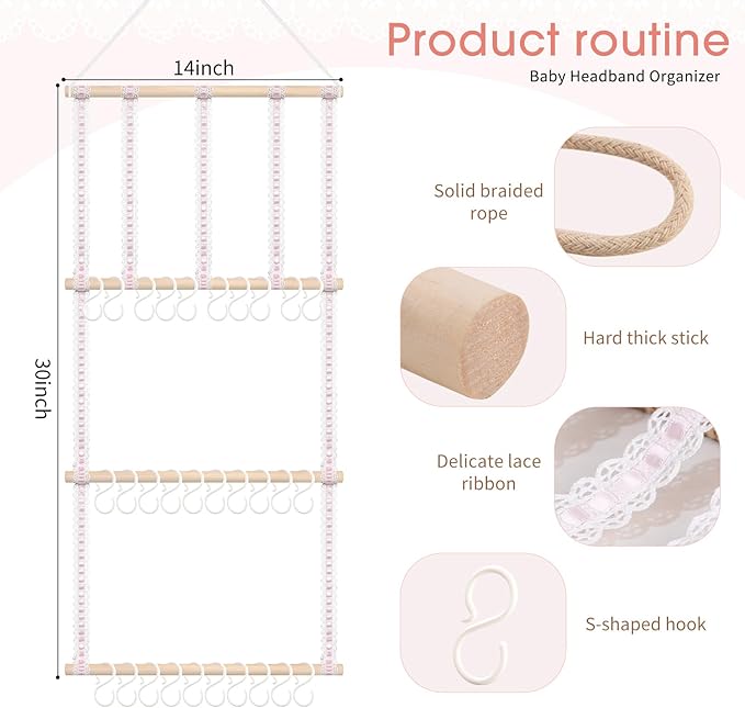 POVETIRE Headband Holder Hair Bows Organizer for Girls, Baby Headbands Hair Accessories Organizer Storage Wall Hanging Decor for Toddler Girls Room