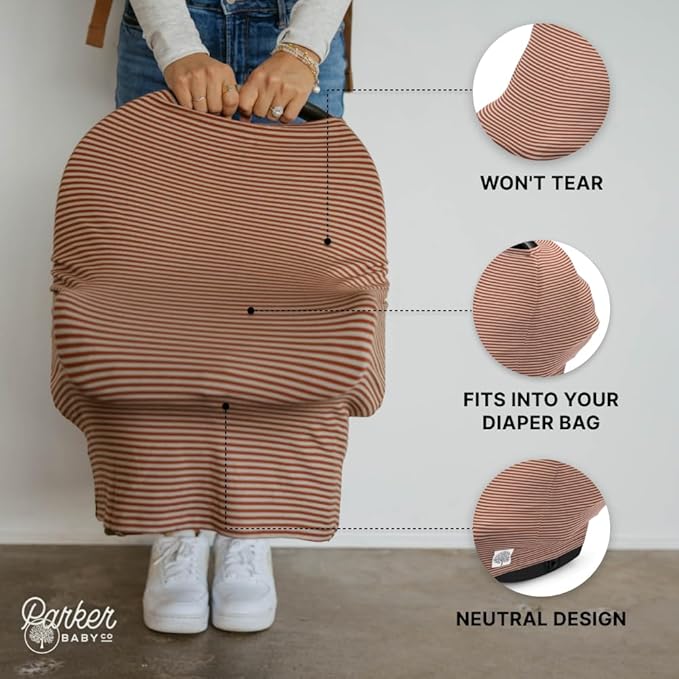 Parker Baby 4 in 1 Car Seat Cover for Girls and Boys - Stretchy Carseat Canopy, Nursing Cover, Grocery Cart Cover, High Chair Cover - “Clay/Alpaca Stripes”