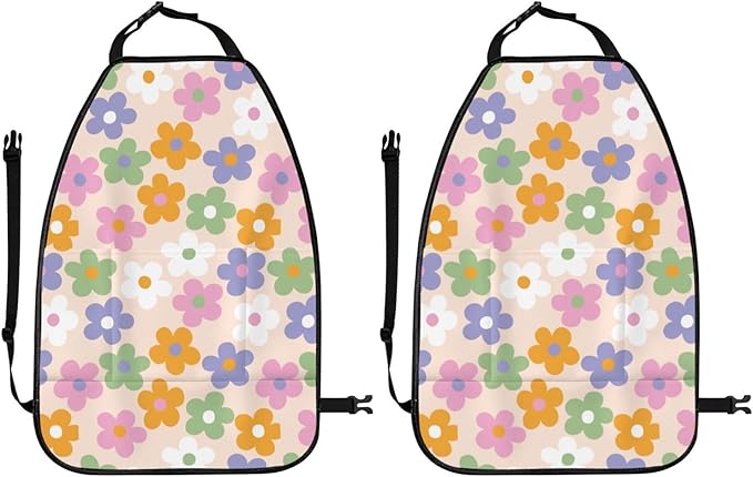 Cute Flowers Floral Car Seat Back Kick Protectors,2 Pack Kick Mats with Storage Pockets for Vehicles to Protect from Dirt, Mud & Scratches