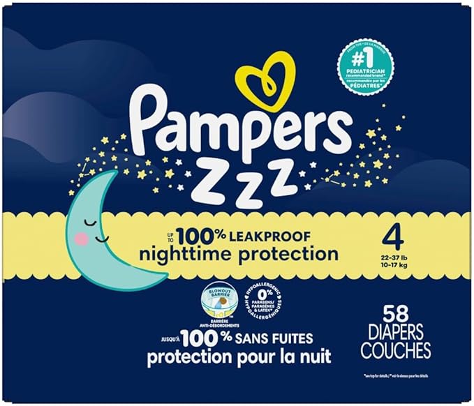 Pampers ZZZ Overnight Diapers, Size 4 (22-37 lbs), 58 Count, Nighttime Protection Disposable Baby Diaper, Night Time Leak and Skin Protection