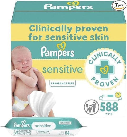 Pampers Baby Wipes Sensitive, Water Based Wipes, Hypoallergenic and Unscented for Babies, 588 Wipes Total (7 Refill Packs)