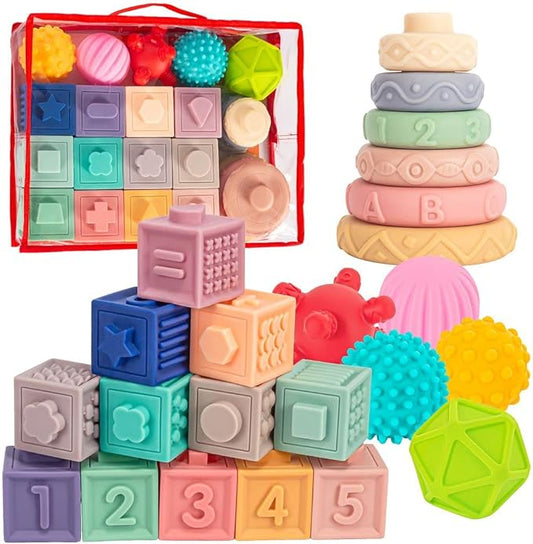 SpringFlower 3 in 1 Montessori Toys for Babies 0-3-6-12 Months, Soft Baby Teething, Stacking Building Blocks for Infants, Sensory Developmental Education Toys for Toddler Baby 12-18 Months,23 PCS