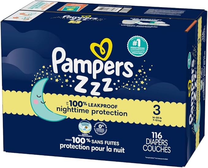 Pampers ZZZ Overnight Diapers, Size 3 (16-28 lbs), 116 Count, Nighttime Protection Disposable Baby Diaper, Night Time Leak and Skin Protection