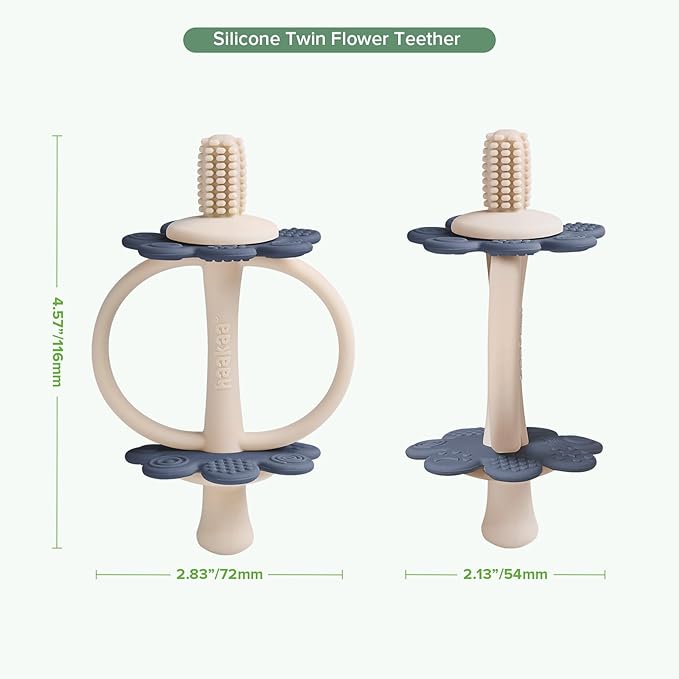 haakaa Silicone Twin Flower Teether,Nipple-Shaped End for Gum Massage,360° Baby Toothbrush Head for Self-Brushing Training,Easy to Grip-Steel Blue
