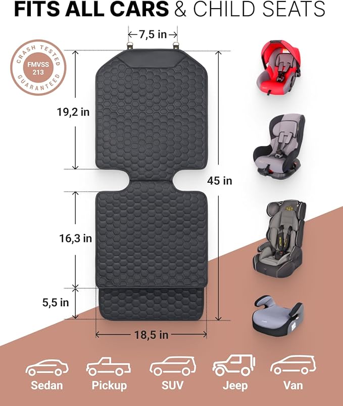 Owleys Premium Leather Car Seat Protector 2 Pack for Child Cover from Dirt - Infant Protector for Back/Front Booster Protector Under Baby Car Seat Waterproof Black